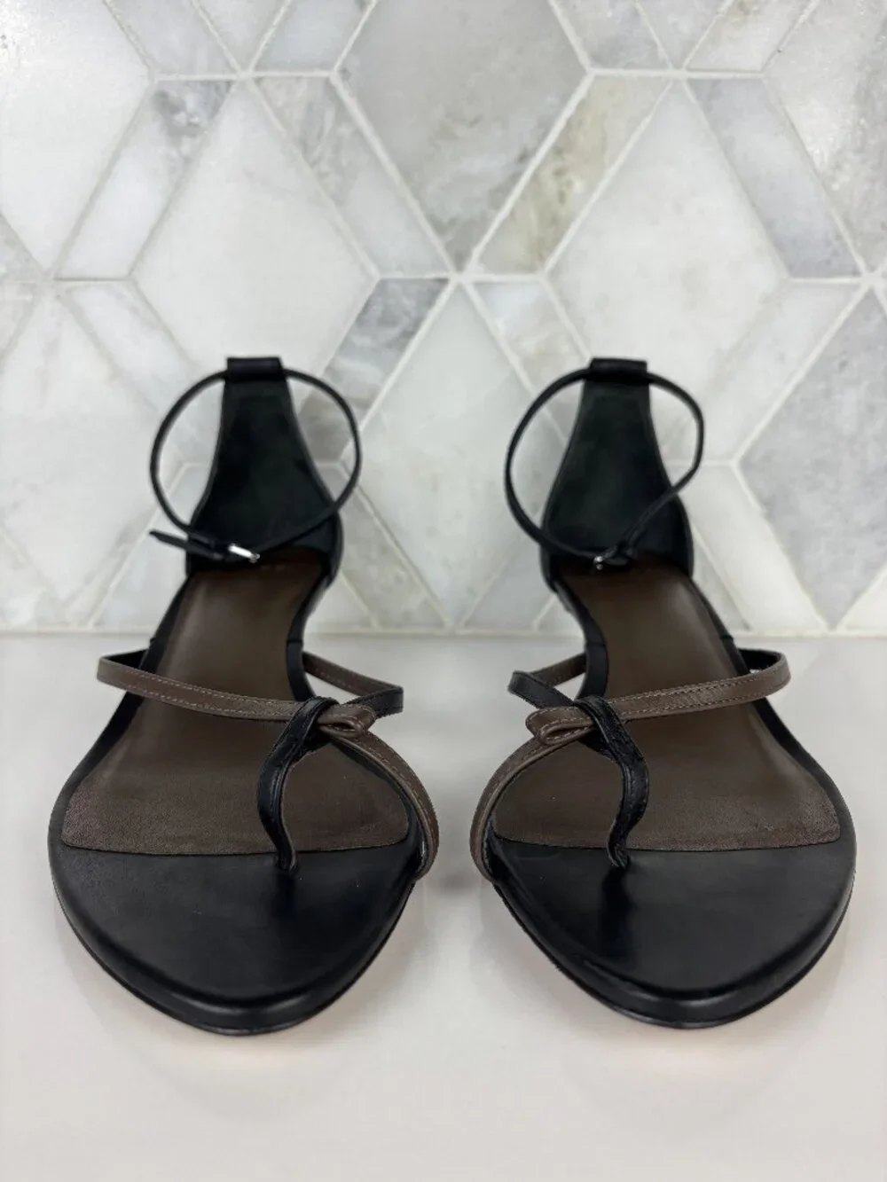 8 Vince Siri Black Brown Leather Sandal Ankle Strap Kitten Heel Pointed Toe Slip - Picture 2 of 11